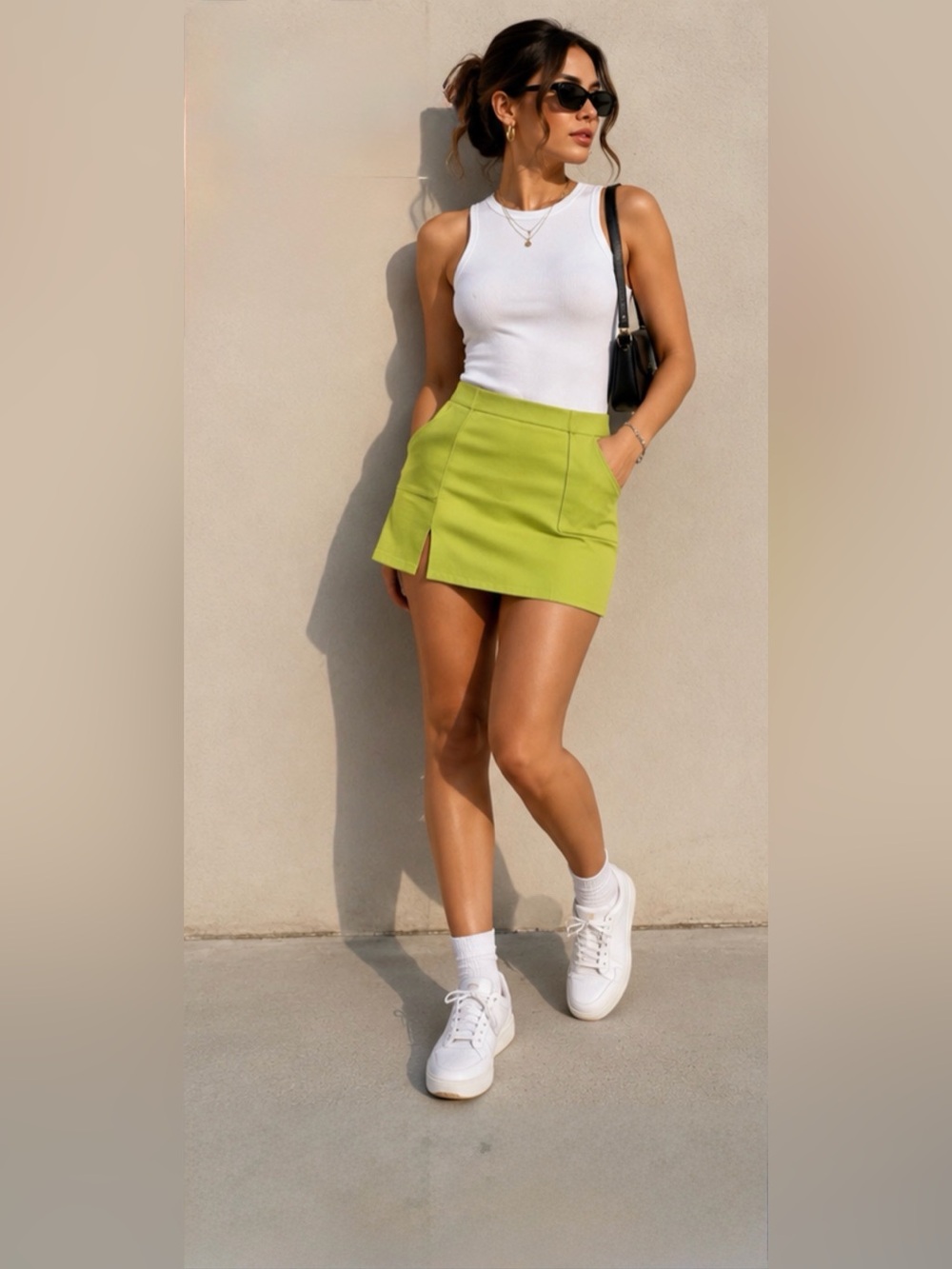 Hanifa Neon Lime Mini Skirt with Front Pockets